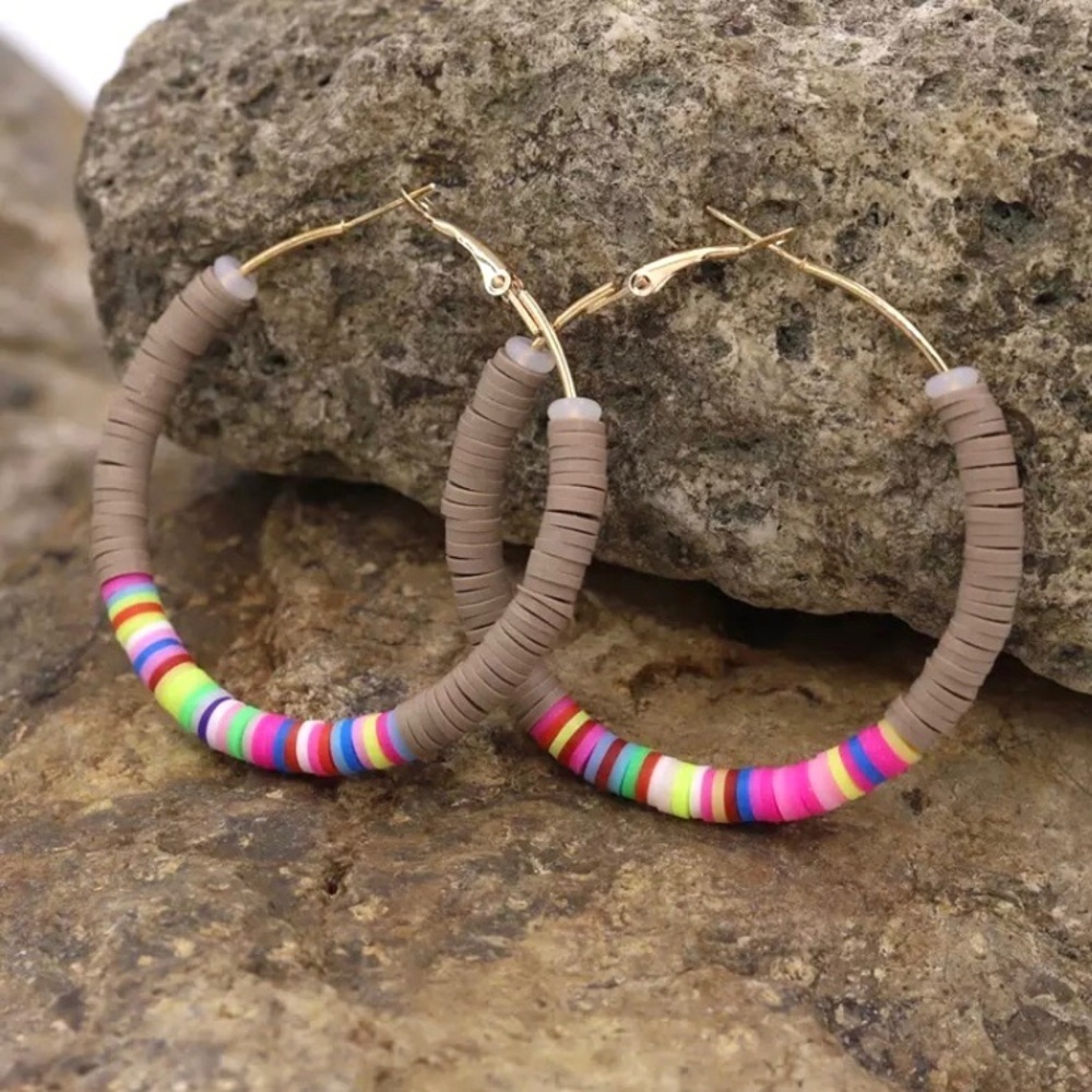 Multicolor Round Beaded Hoop Earrings Clay & Zinc Alloy - Picture 2 of 3